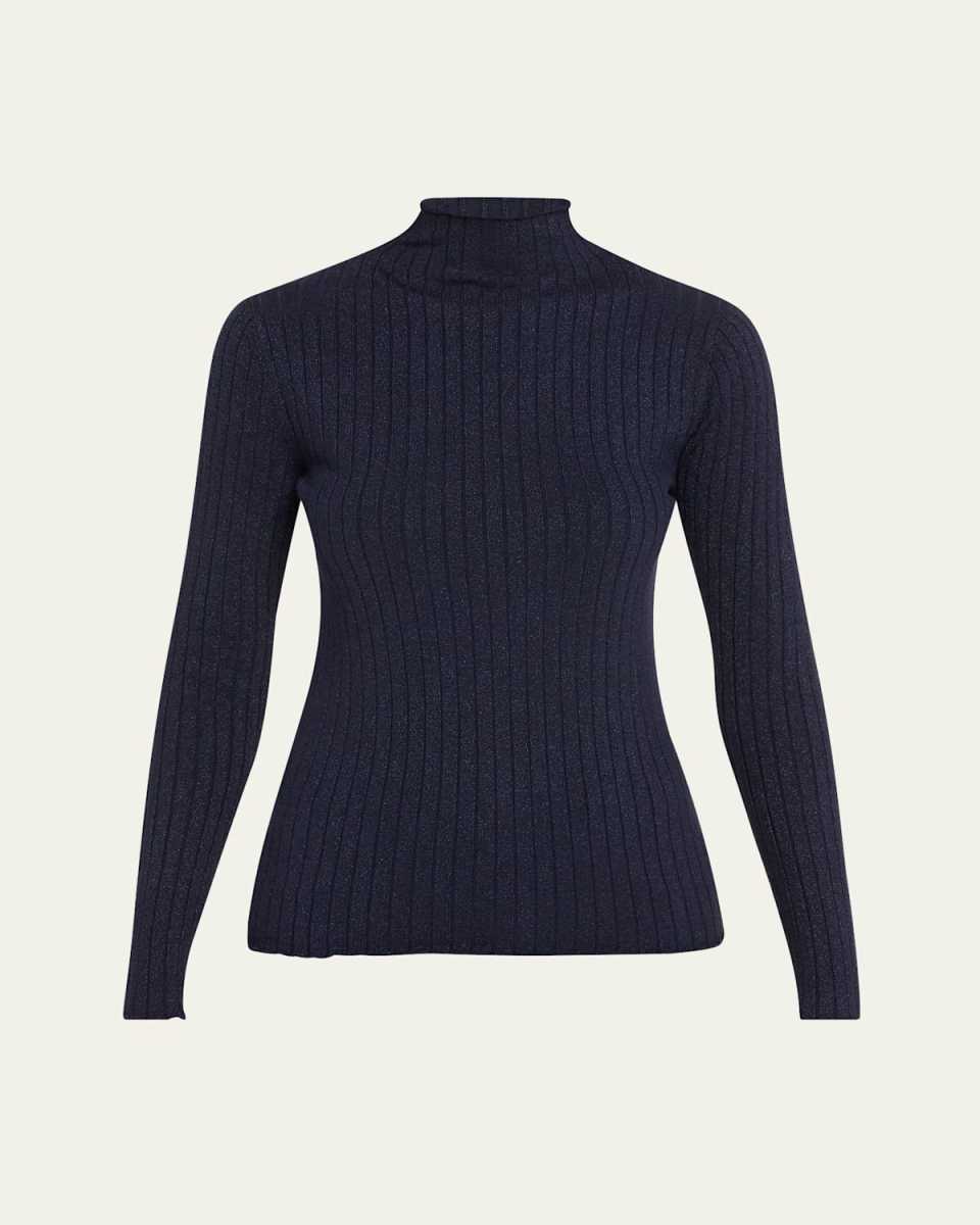 Metallic Long Sleeve Rib Mock-Neck Top